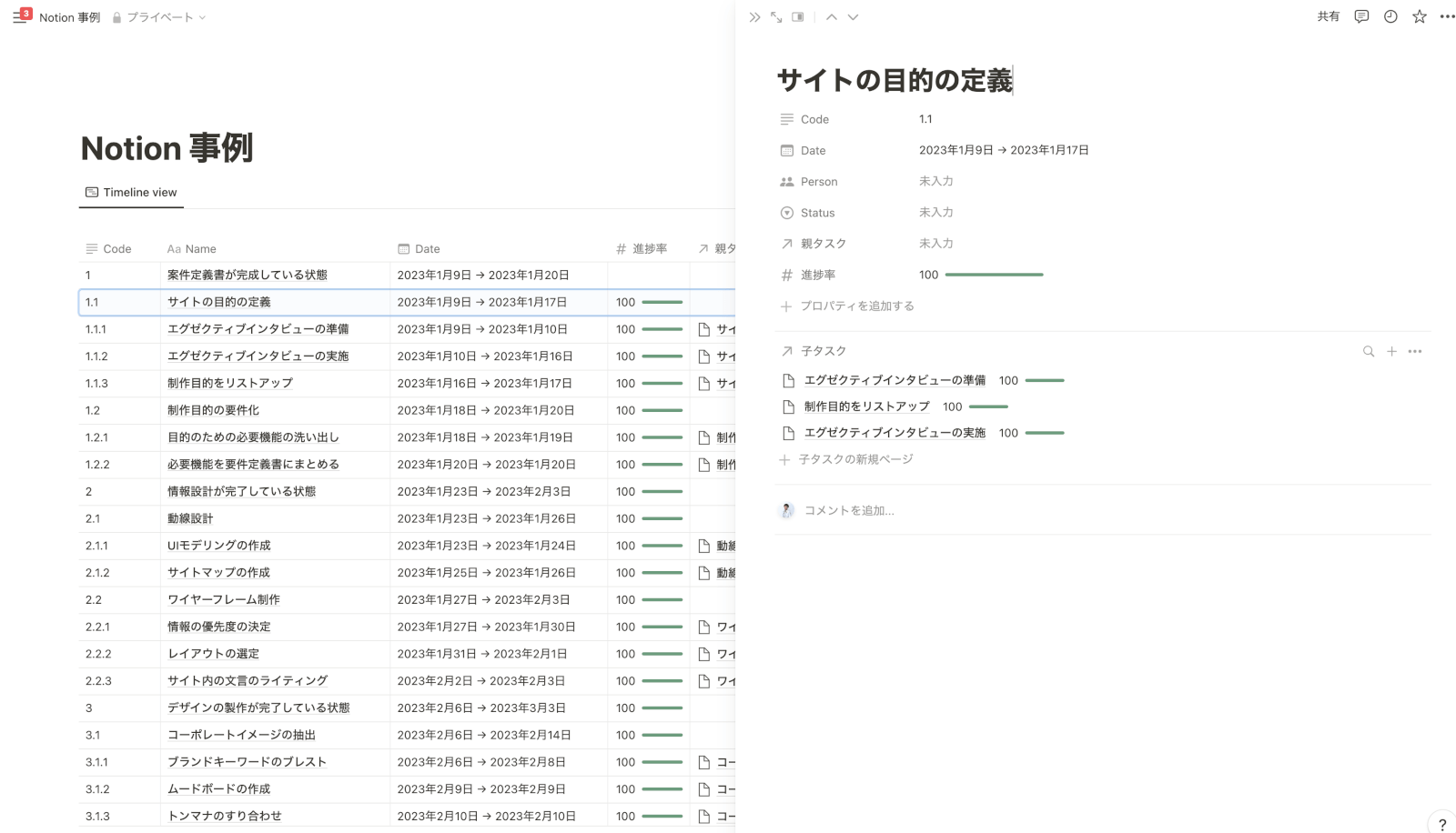 Notionで作成したWBS